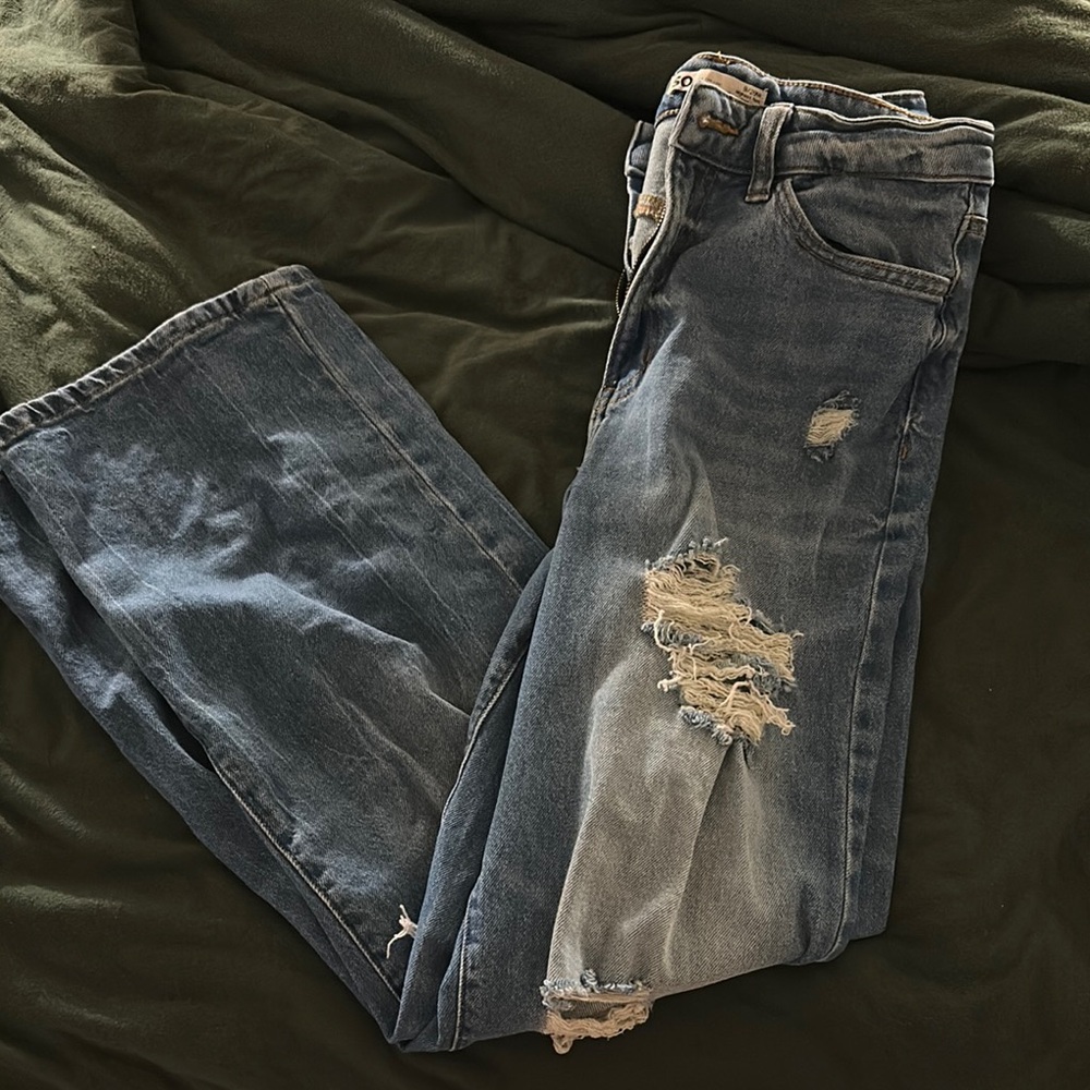 Blue Straight Leg Jeans with Distressed Details